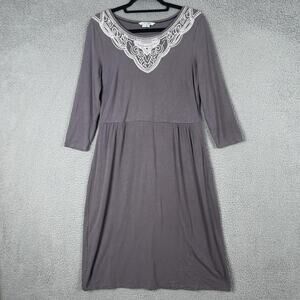 Boden Dress Womens 10 L Gray Embroidered Trim Boho Stretch 3/4 Sleeve Midi